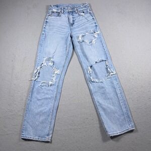 American Eagle Curvy Mom Jeans Women Size 0 Straight Leg Distressed Ripped Denim